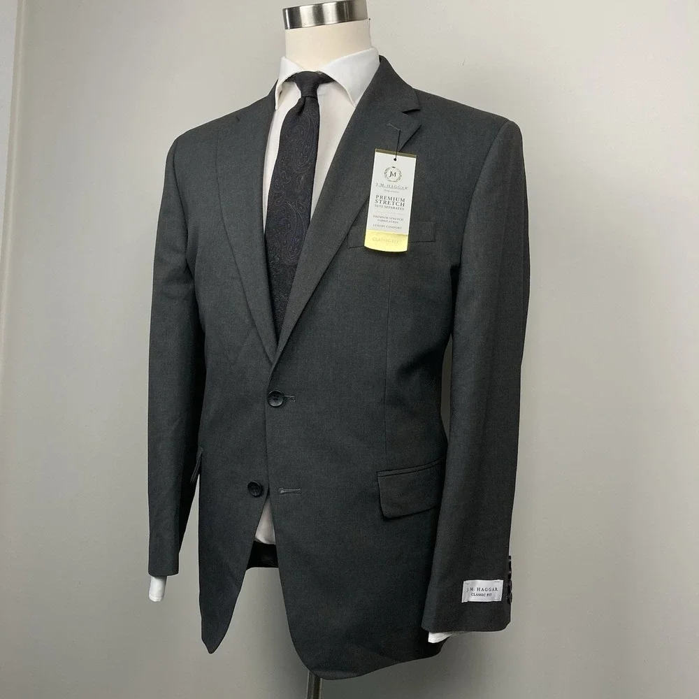 Haggar Mens 2-pc Suit Jacket Blazer 44R Pants 36W 32L Dark Gray Heather